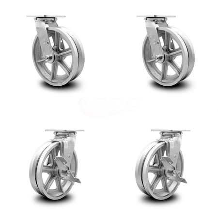 Service Caster 8 Inch V Groove Semi Steel Swivel Caster Set with Ball Bearings 2 Brakes SCC SCC-30CS820-VGB-2-TLB-2